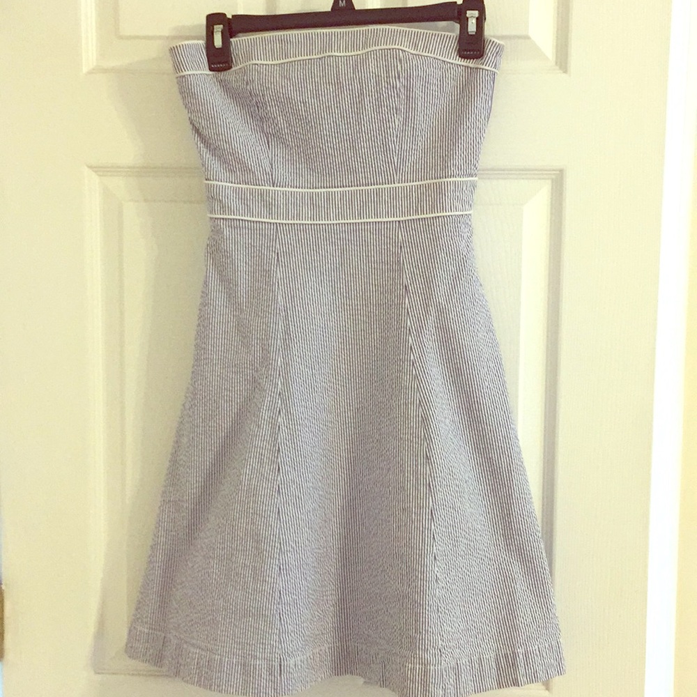 Blue seersucker strapless dress